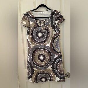 Boden Shift Dress Short Sleeve Geometric 100% Linen Pockets Lined Neutral 6